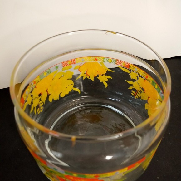 Vintage Clear Round‎ orange yellow Floral Container w/  Lid 4" wide 6" tall - Picture 9 of 15